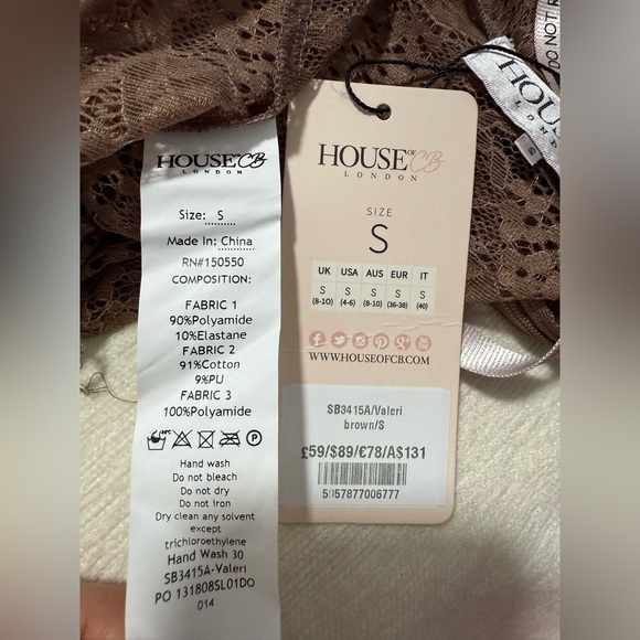 House of CB Valeri Lace Bodysuit Taupe Brown Plunge Neck Size S NWT - Picture 5 of 7